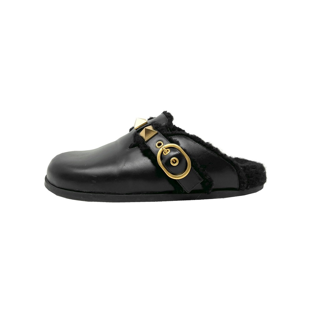Valentino Roman Stud‎ Mules Black Leather Shearling Flats 37.5